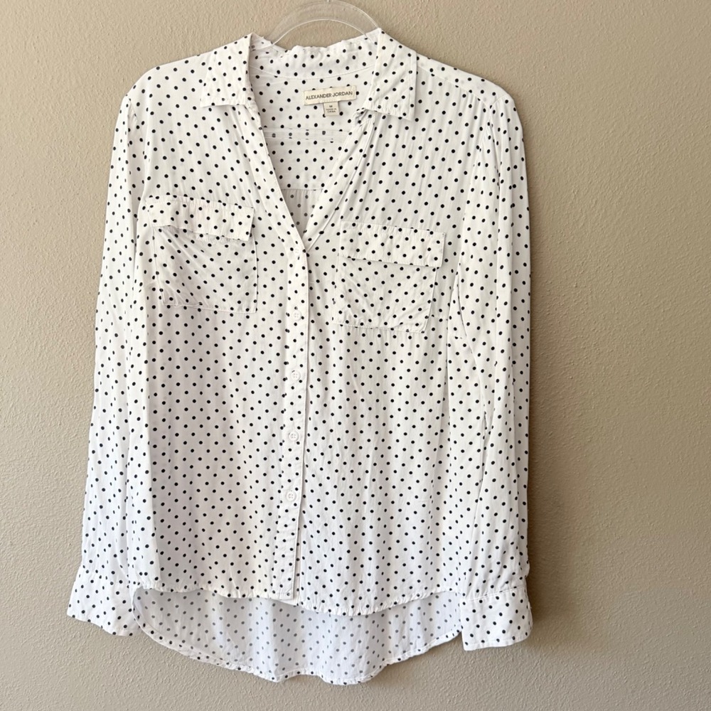 Alexander Jordan Polka Dot Button Down Roll Tab Sleeve White Navy Blouse Size M